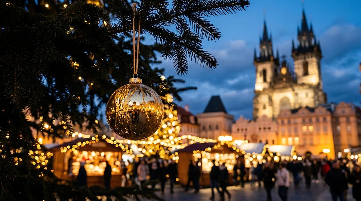Vánoční trhy na Staroměstském náměstí s Týnským chrámem za soumraku
